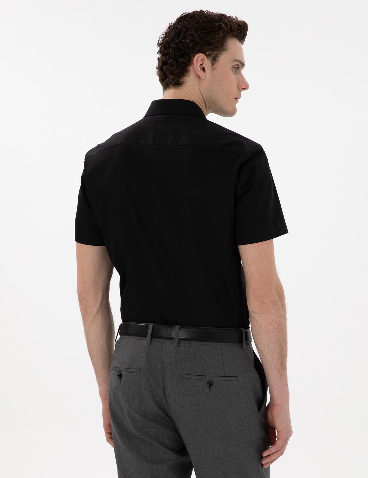 Siyah Parlak Saten Regular Fit Kısa Kollu Basic Gömlek - 50286403024