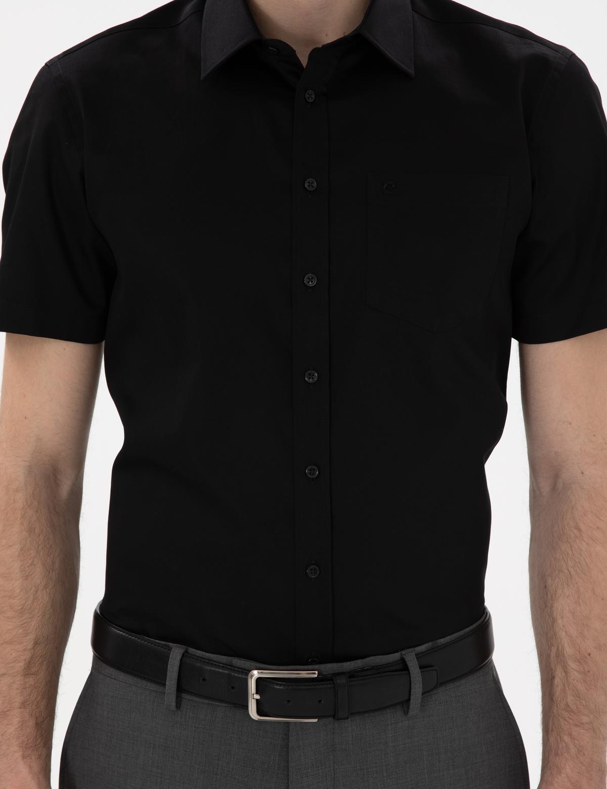 Siyah Parlak Saten Regular Fit Kısa Kollu Basic Gömlek - 50286403024