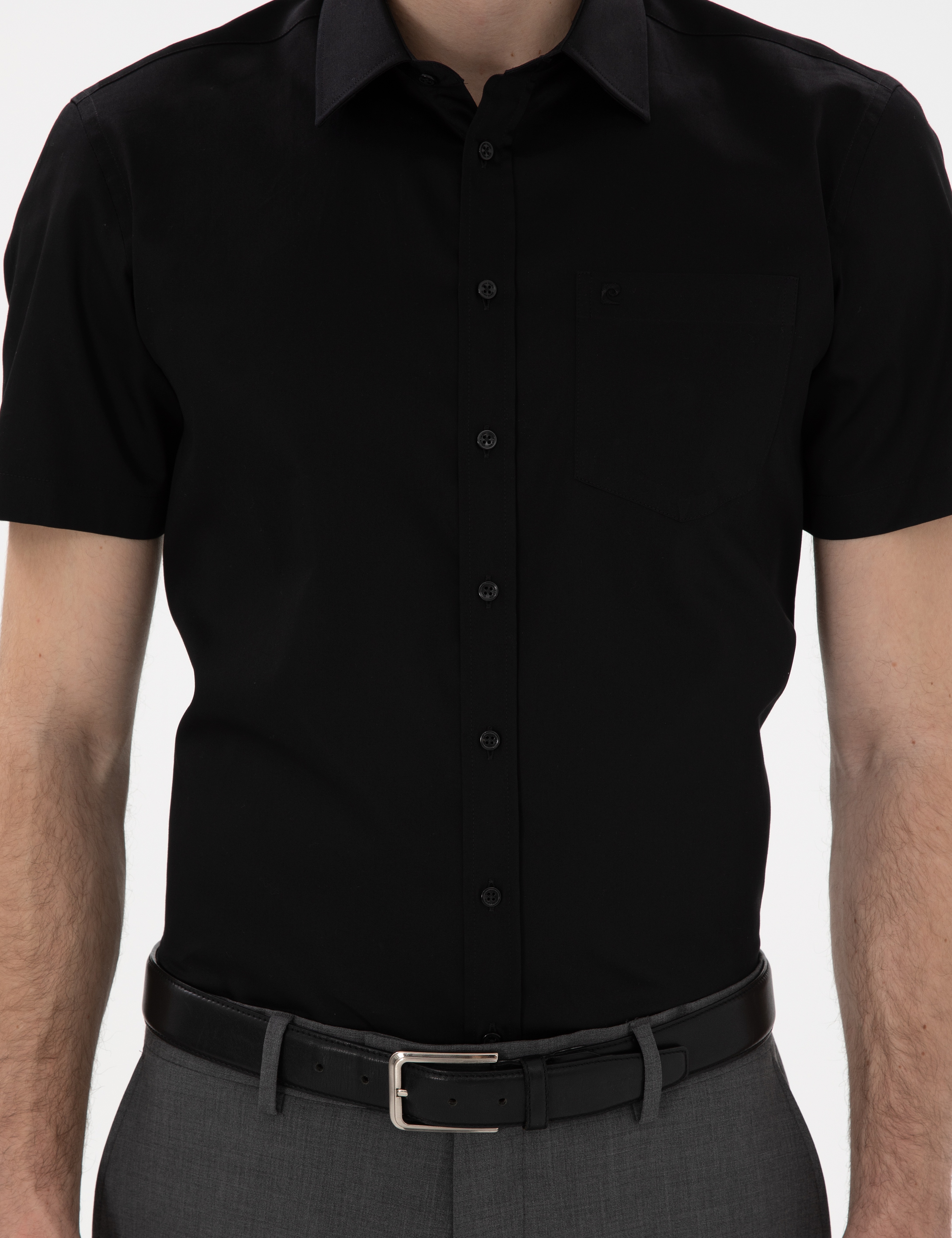 Siyah %100 Pamuk Parlak Saten Regular Fit Kısa Kollu Basic Gömlek - Image 6