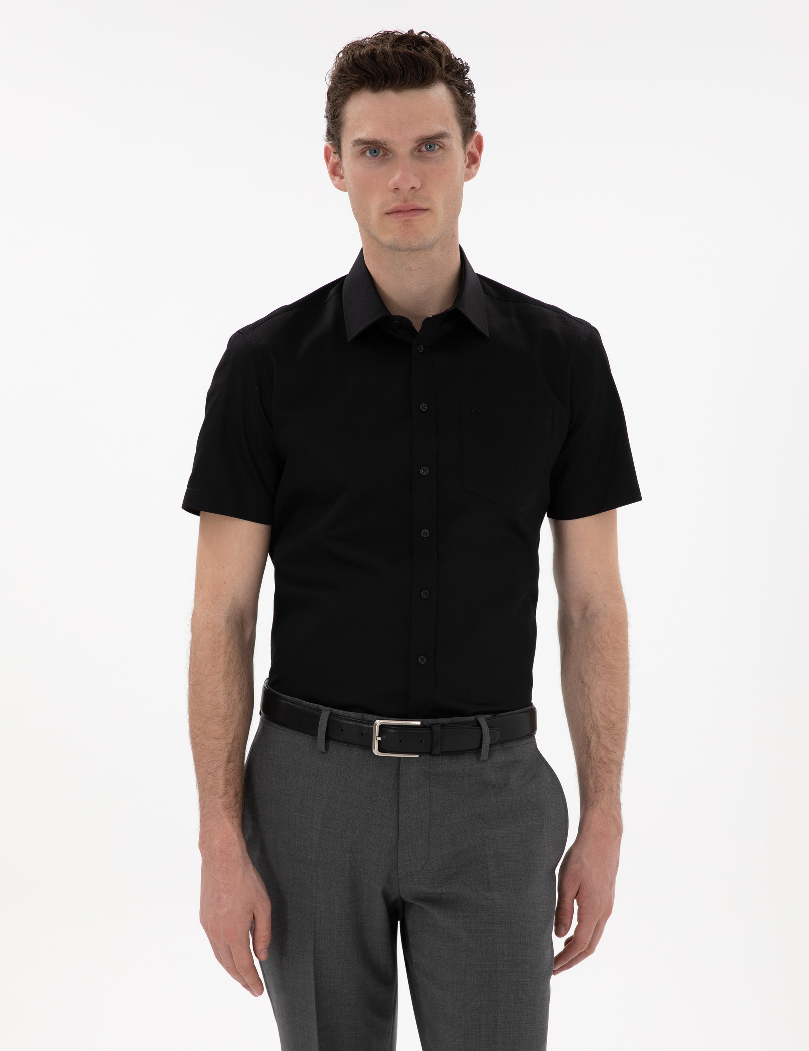 Siyah Parlak Saten Regular Fit Kısa Kollu Basic Gömlek