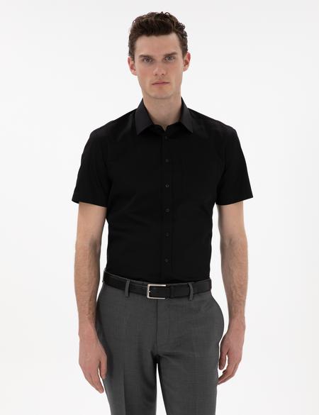 Siyah Parlak Saten Regular Fit Kısa Kollu Basic Gömlek - 50286403024