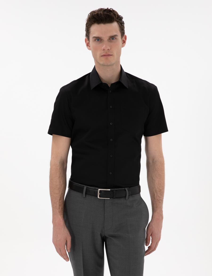 Siyah Parlak Saten Regular Fit Kısa Kollu Basic Gömlek