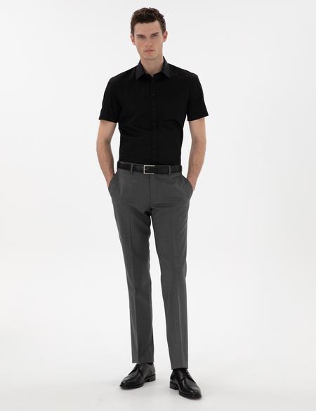 Siyah Parlak Saten Regular Fit Kısa Kollu Basic Gömlek - 50286403024