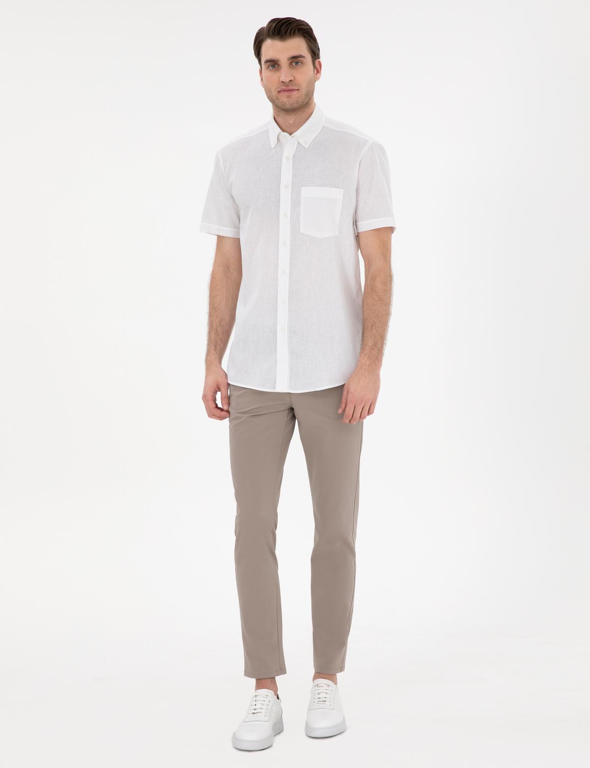 Beyaz Keten Karışımlı Regular Fit Kısa Kollu Gömlek - 50303418014