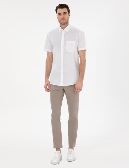 Beyaz Keten Karışımlı Regular Fit Kısa Kollu Gömlek - 50303418014
