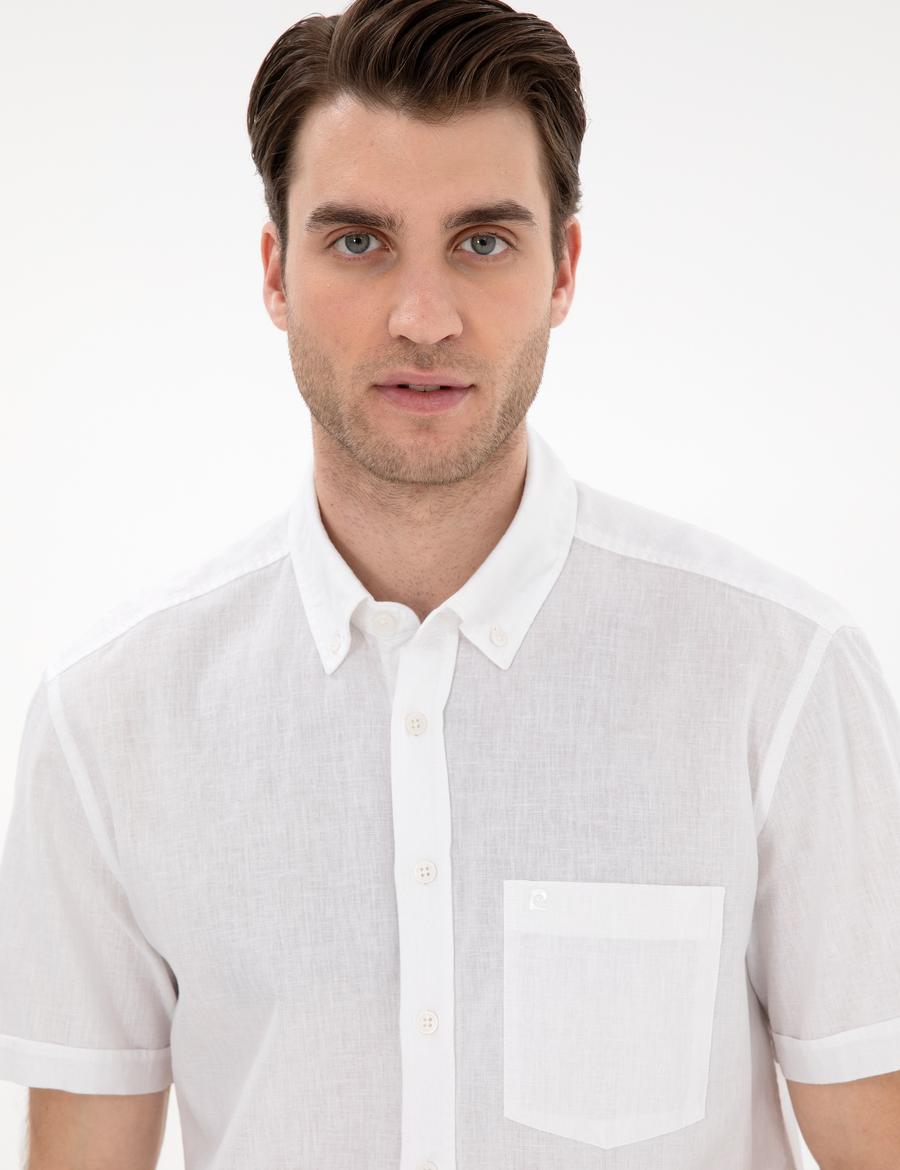 Beyaz Keten Karışımlı Regular Fit Kısa Kollu Gömlek