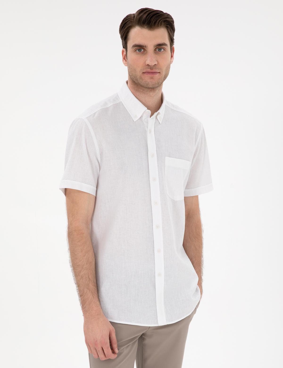 Beyaz Keten Karışımlı Regular Fit Kısa Kollu Gömlek