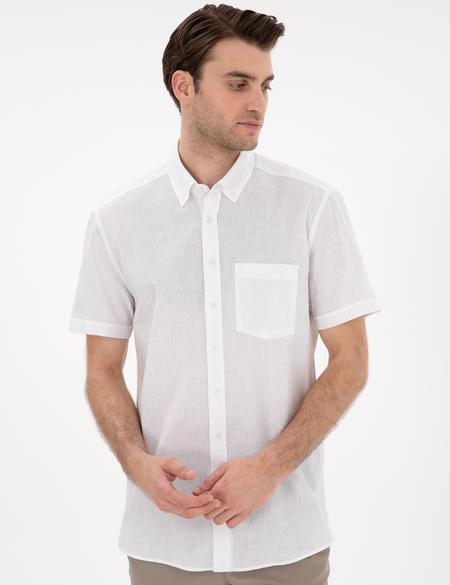 Beyaz Keten Karışımlı Regular Fit Kısa Kollu Gömlek - 50303418014