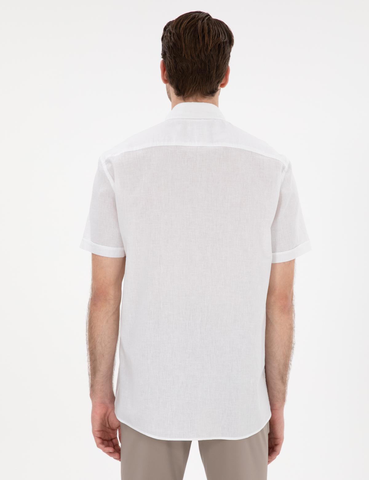 Beyaz Keten Karışımlı Regular Fit Kısa Kollu Gömlek - 50303418014