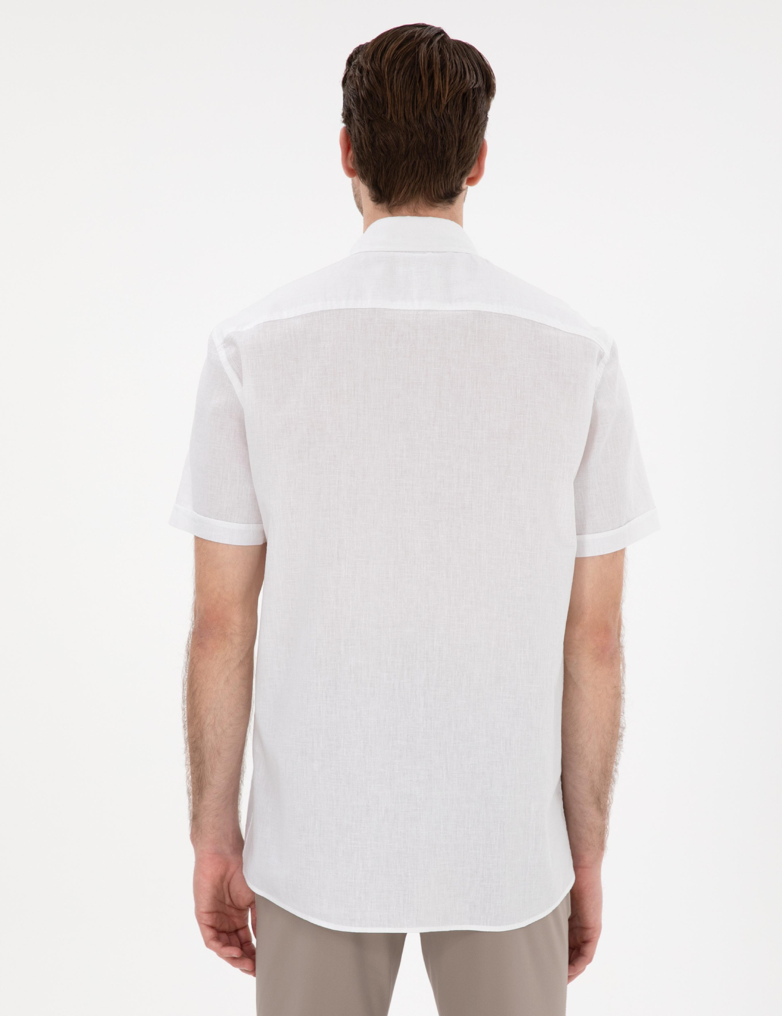 Beyaz Keten Karışımlı Regular Fit Kısa Kollu Gömlek