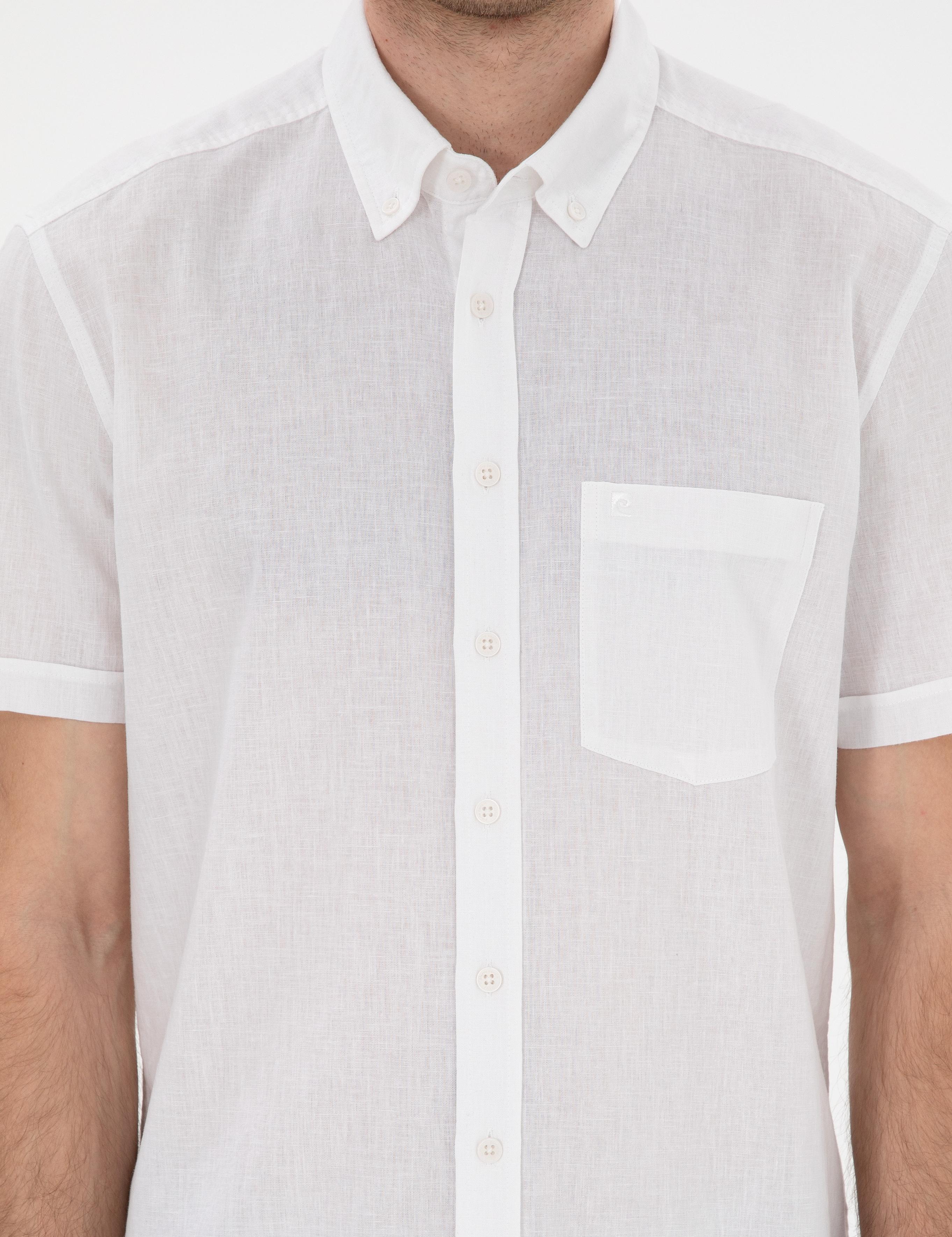Beyaz Keten Karışımlı Regular Fit Kısa Kollu Gömlek