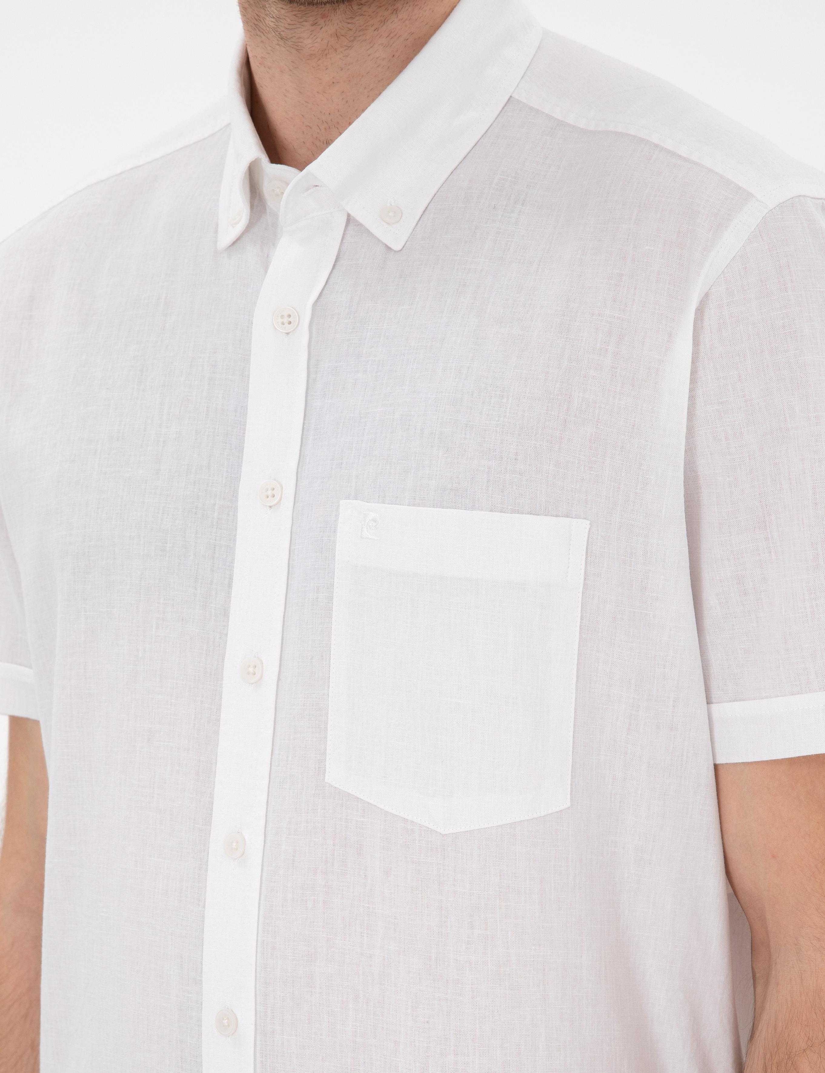 Beyaz Keten Karışımlı Regular Fit Kısa Kollu Gömlek