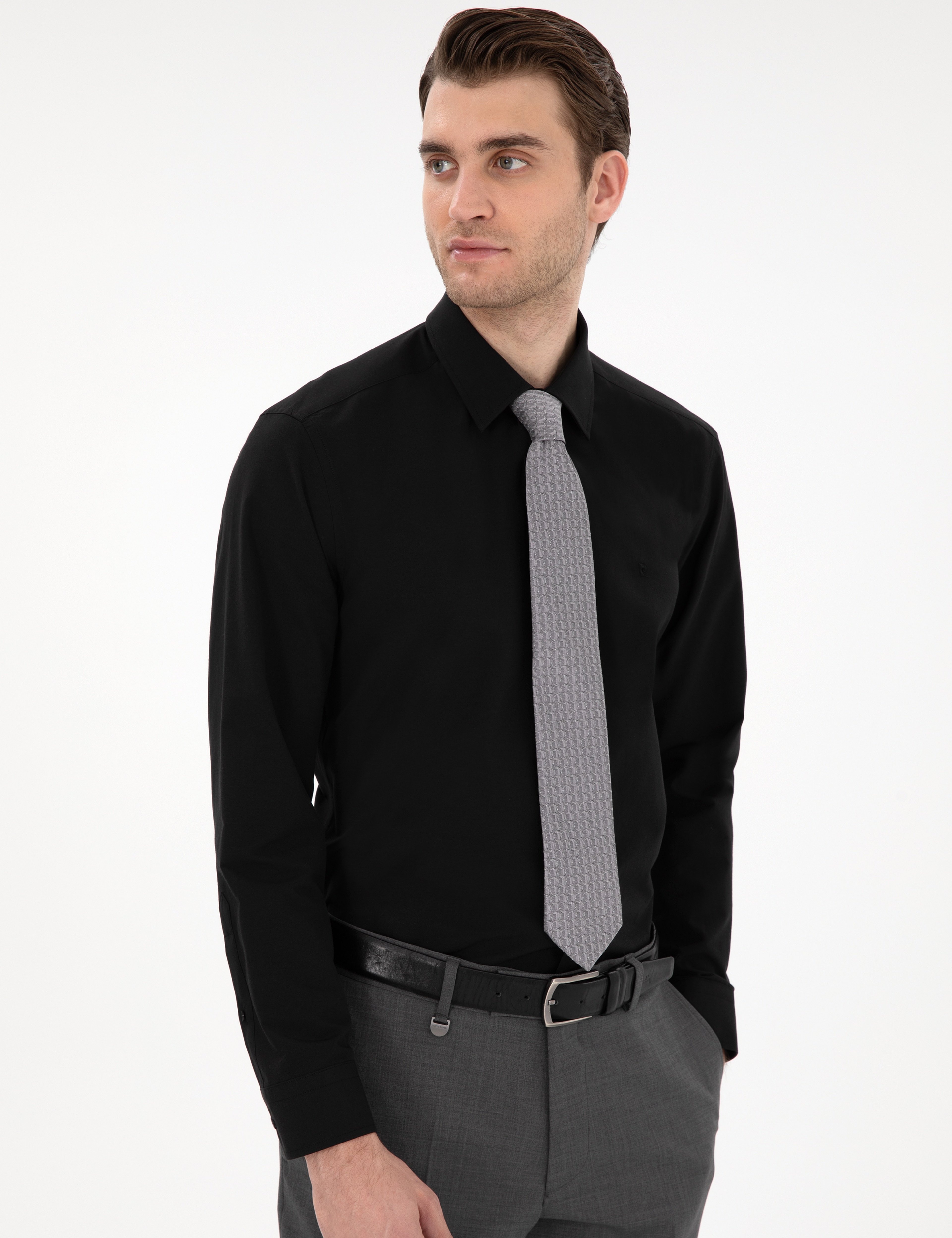 Siyah Regular Fit Uzun Kollu Basic Gömlek - Image 3