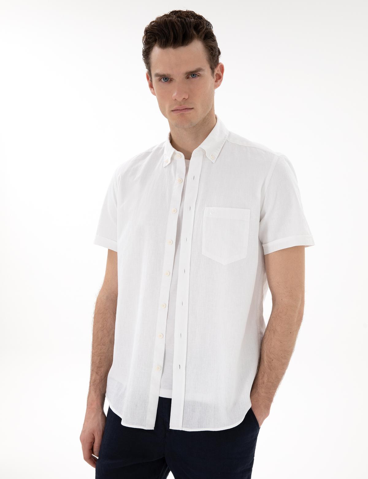 Beyaz Regular Fit Keten Karışımlı Kısa Kollu Gömlek