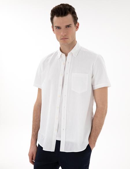 Beyaz Regular Fit Keten Karışımlı Kısa Kollu Gömlek - 50284166126