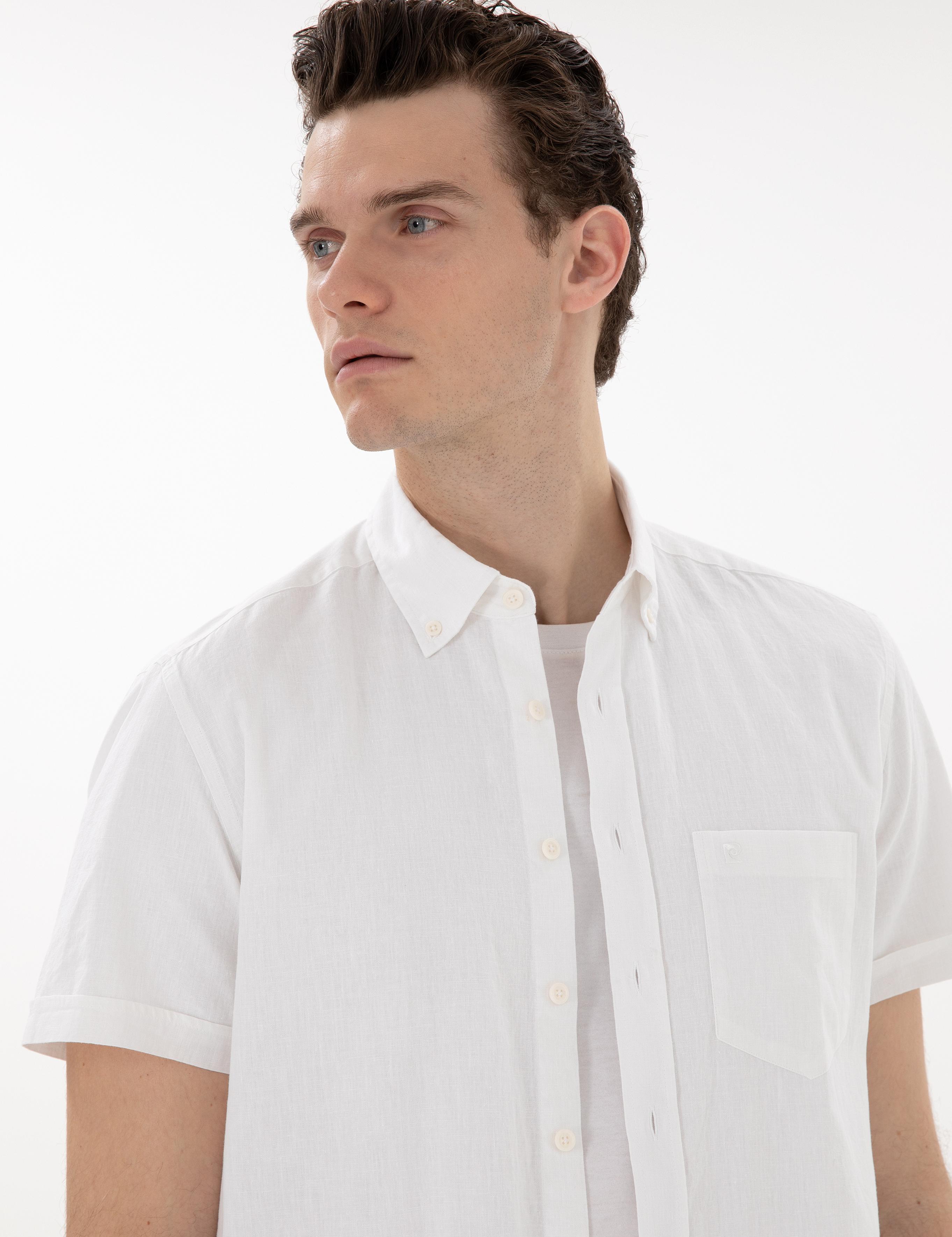 Beyaz Regular Fit Keten Karışımlı Kısa Kollu Gömlek