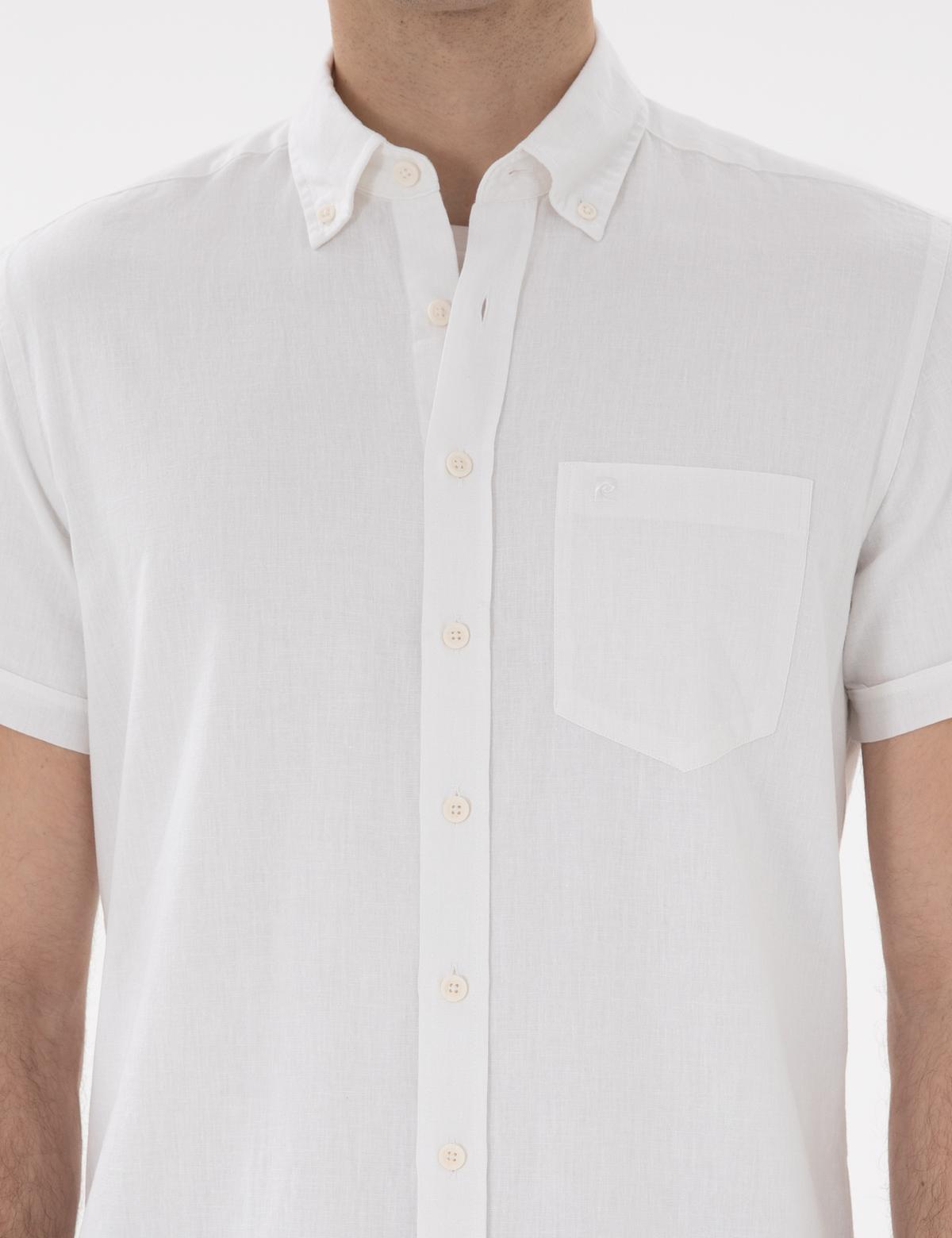 Beyaz Regular Fit Keten Karışımlı Kısa Kollu Gömlek - 50284166126