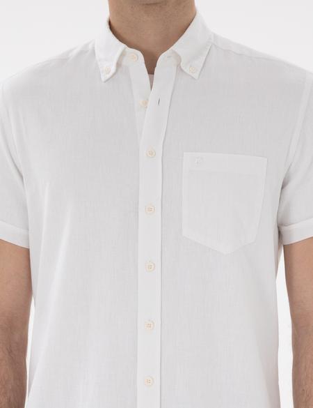 Beyaz Regular Fit Keten Karışımlı Kısa Kollu Gömlek - 50284166126