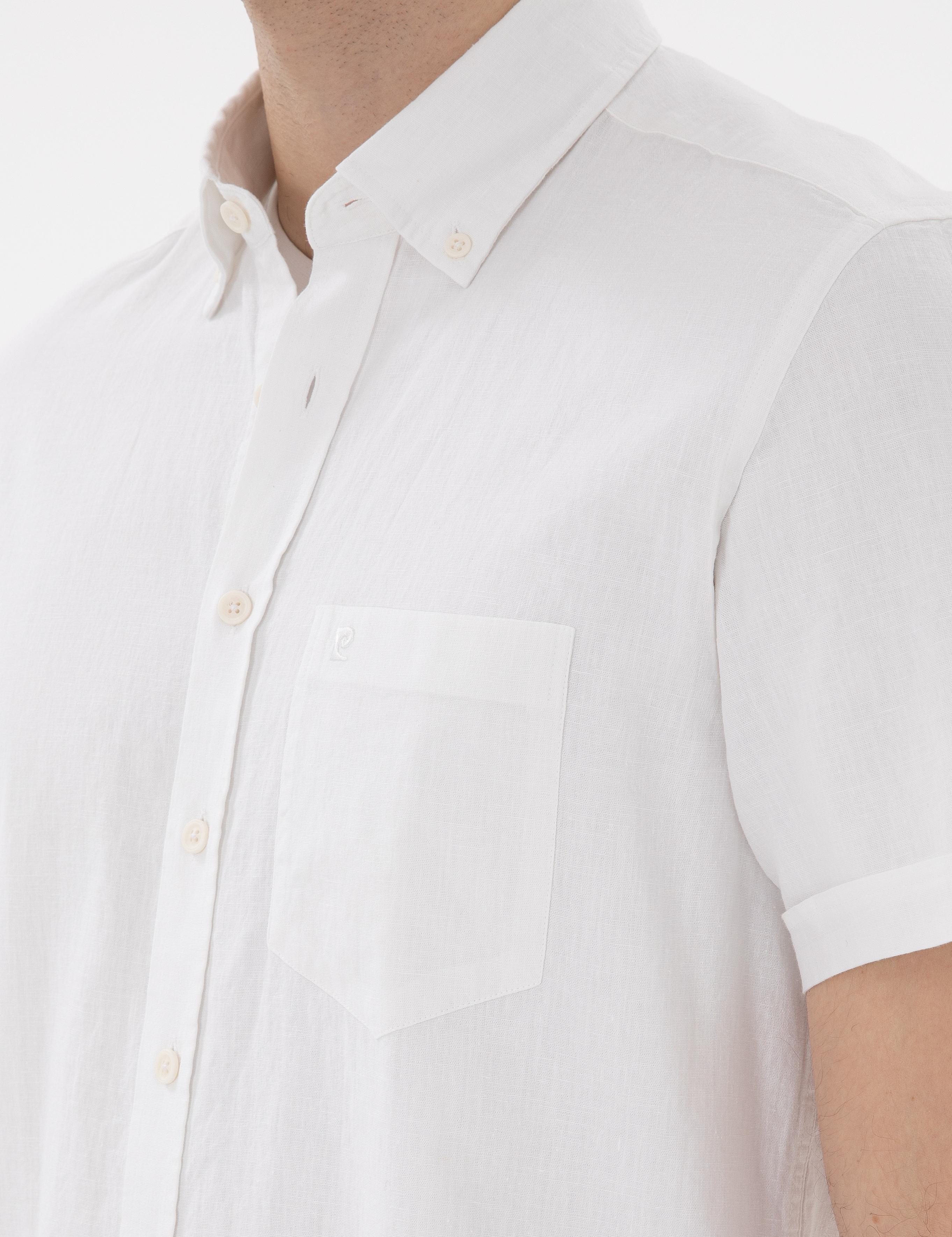 Beyaz Regular Fit Keten Karışımlı Kısa Kollu Gömlek
