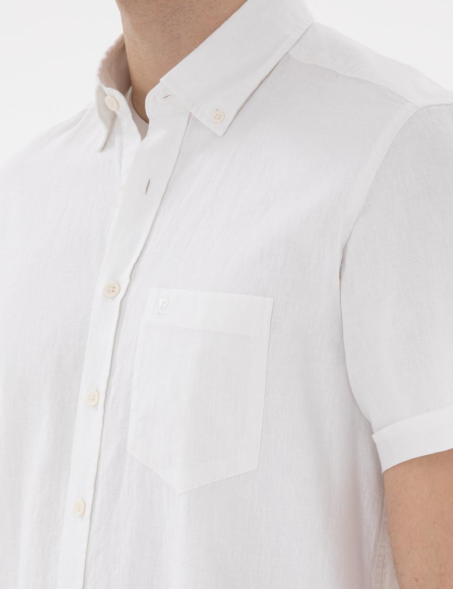 Beyaz Regular Fit Keten Karışımlı Kısa Kollu Gömlek