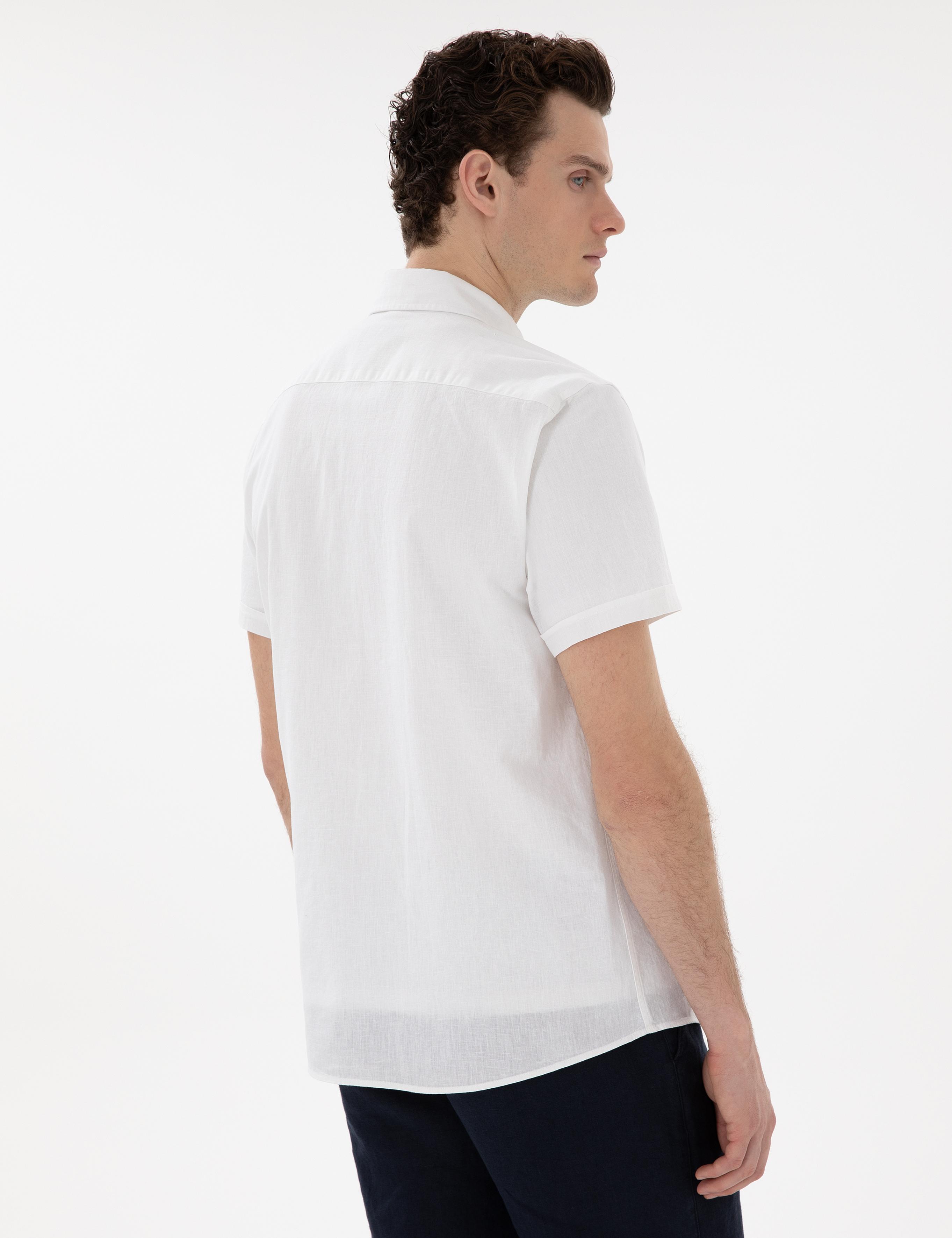 Beyaz Regular Fit Keten Karışımlı Kısa Kollu Gömlek