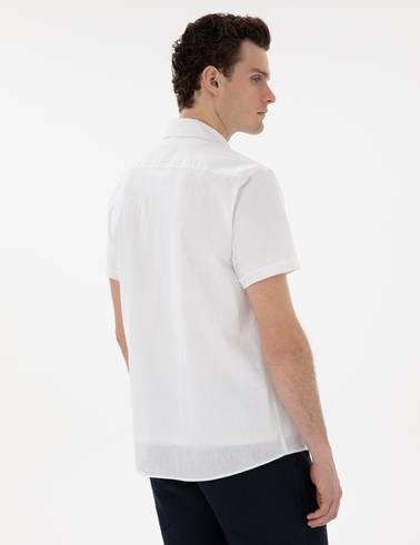 Beyaz Regular Fit Keten Karışımlı Kısa Kollu Gömlek