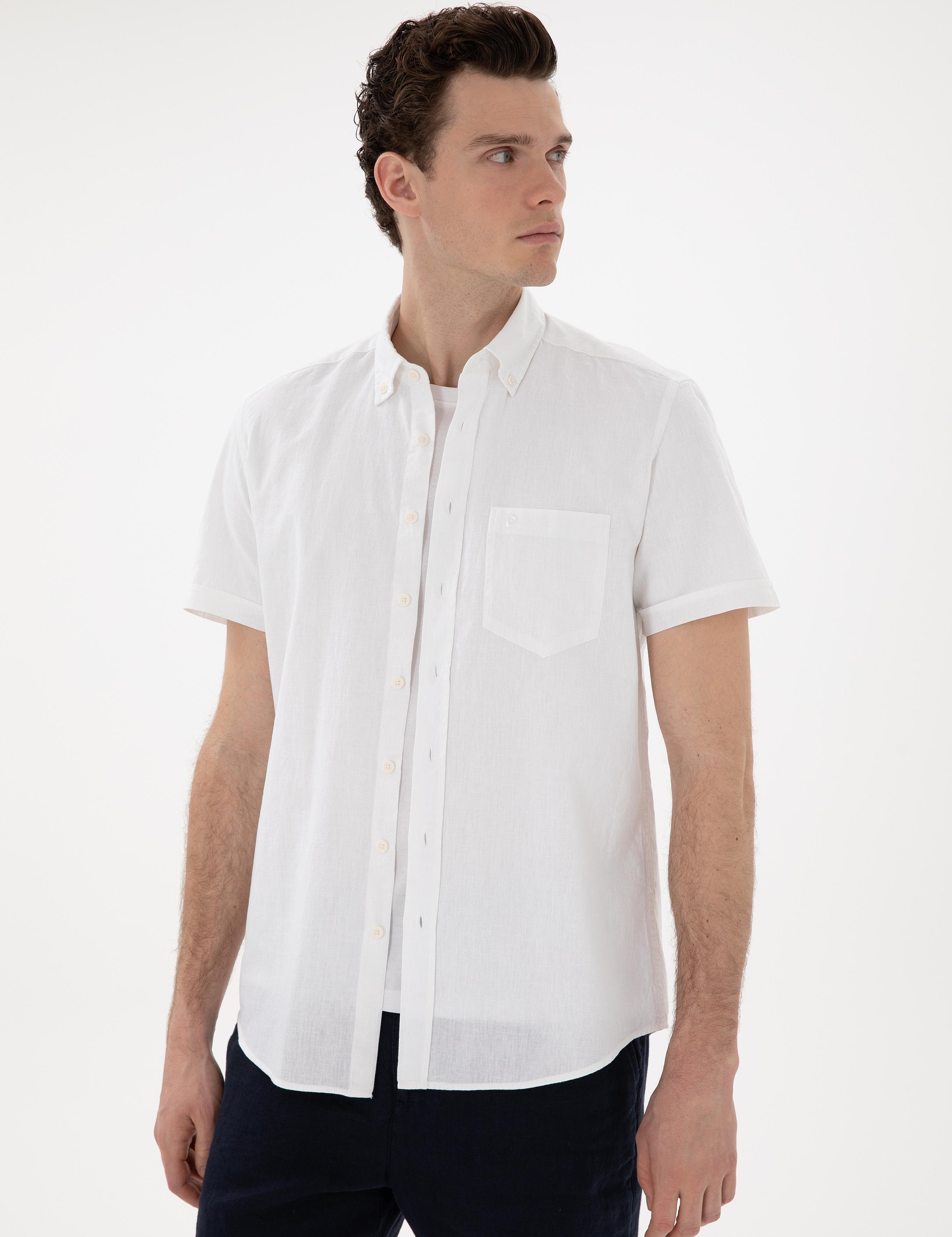 Beyaz Regular Fit Keten Karışımlı Kısa Kollu Gömlek