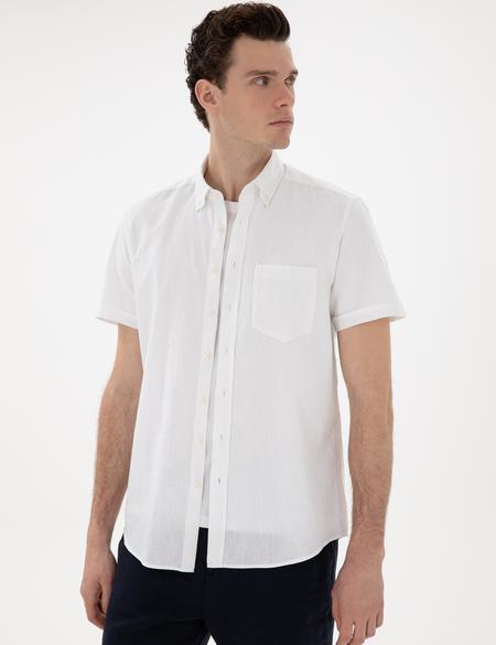 Beyaz Regular Fit Keten Karışımlı Kısa Kollu Gömlek - 50284166126