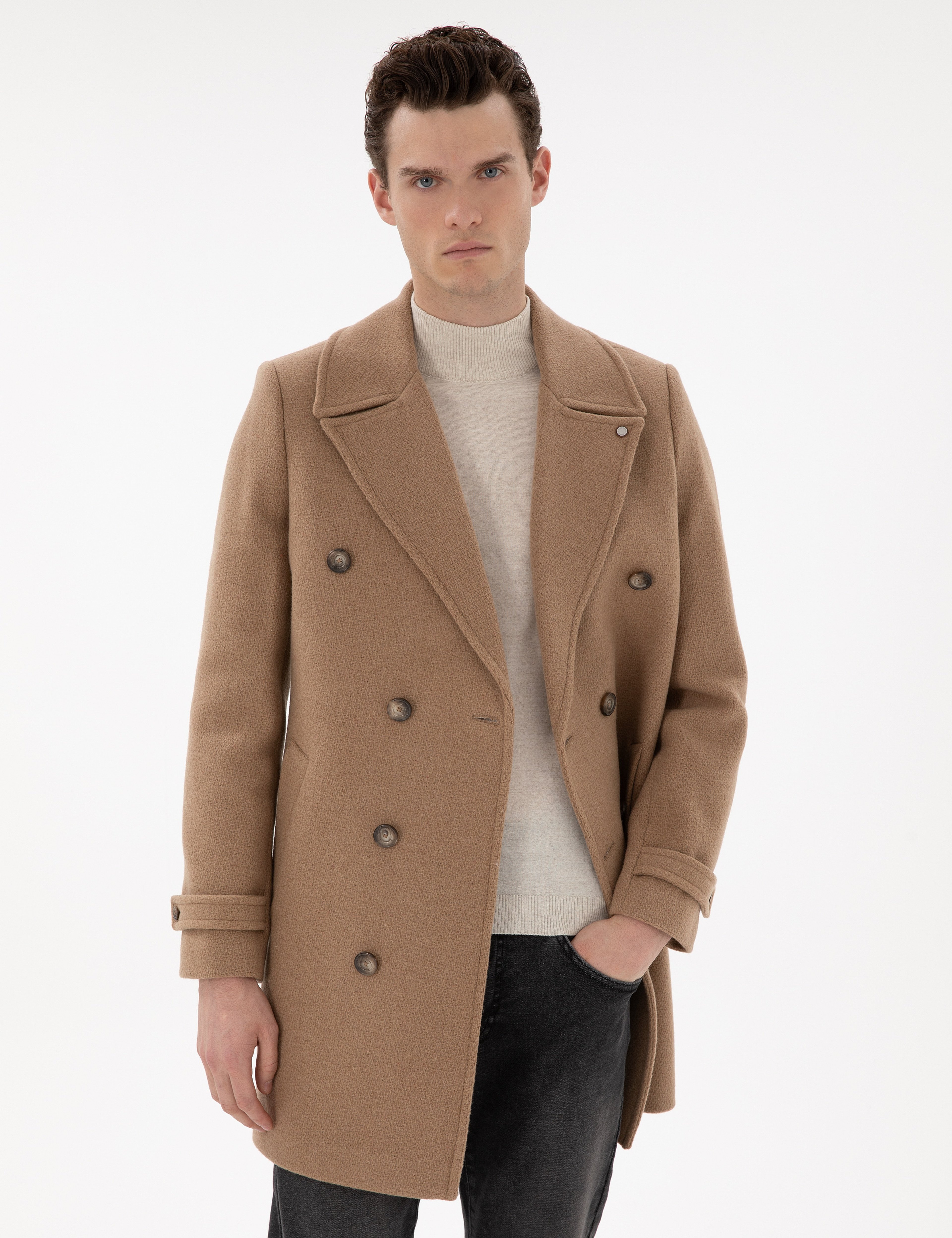 Bej Ex. Slim Fit Yün Karışımlı Kaşe Kaban - Image 1
