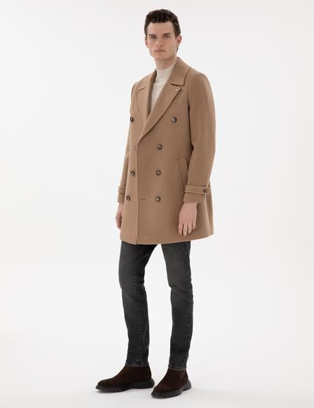 Bej Ex. Slim Fit Yün Karışımlı Kaşe Kaban - 50293291024