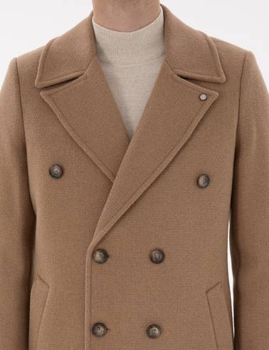 Bej Ex. Slim Fit Yün Karışımlı Kaşe Kaban