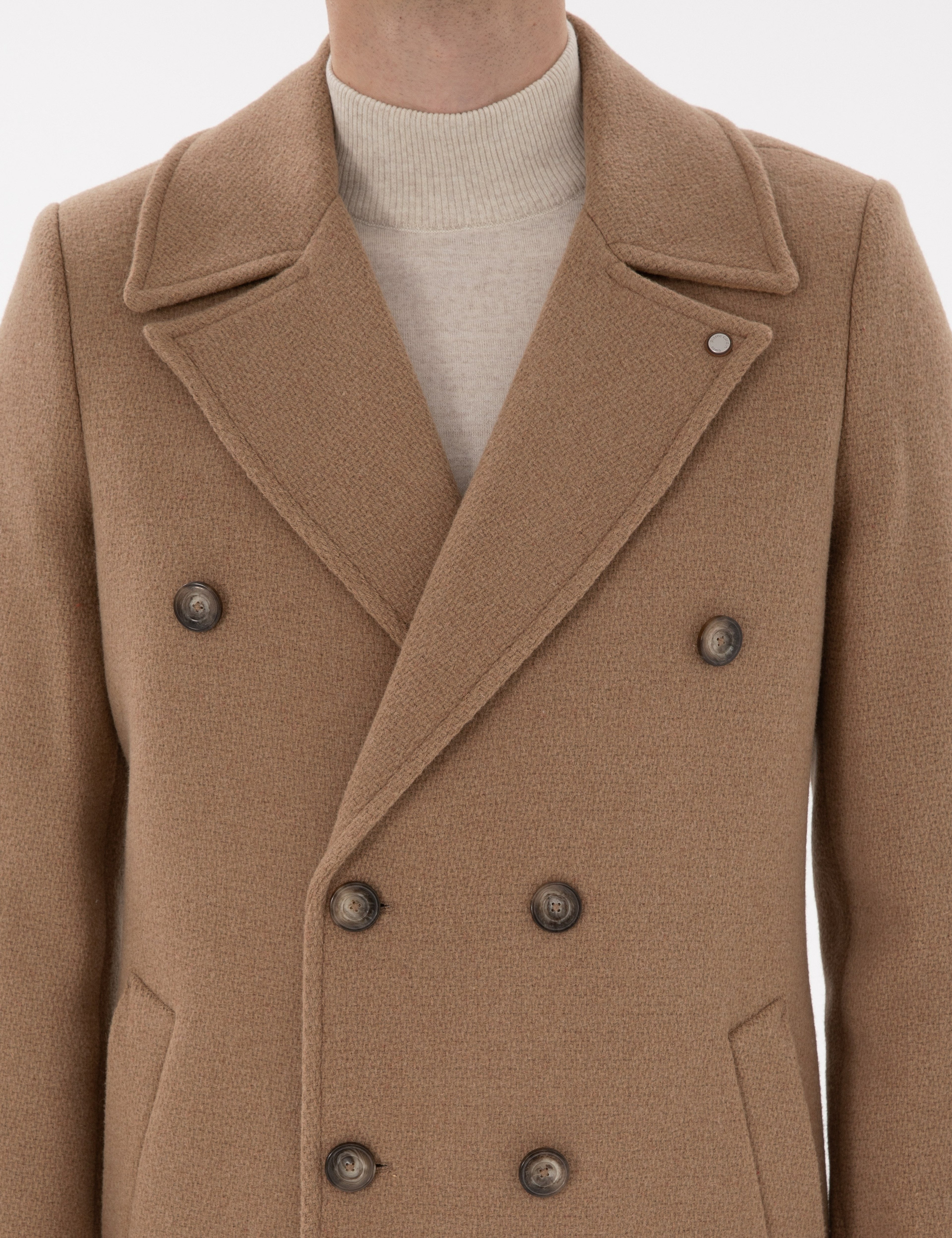 Bej Ex. Slim Fit Yün Karışımlı Kaşe Kaban