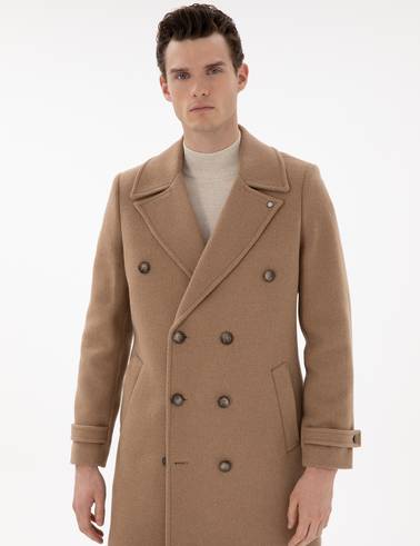Bej Ex. Slim Fit Yün Karışımlı Kaşe Kaban