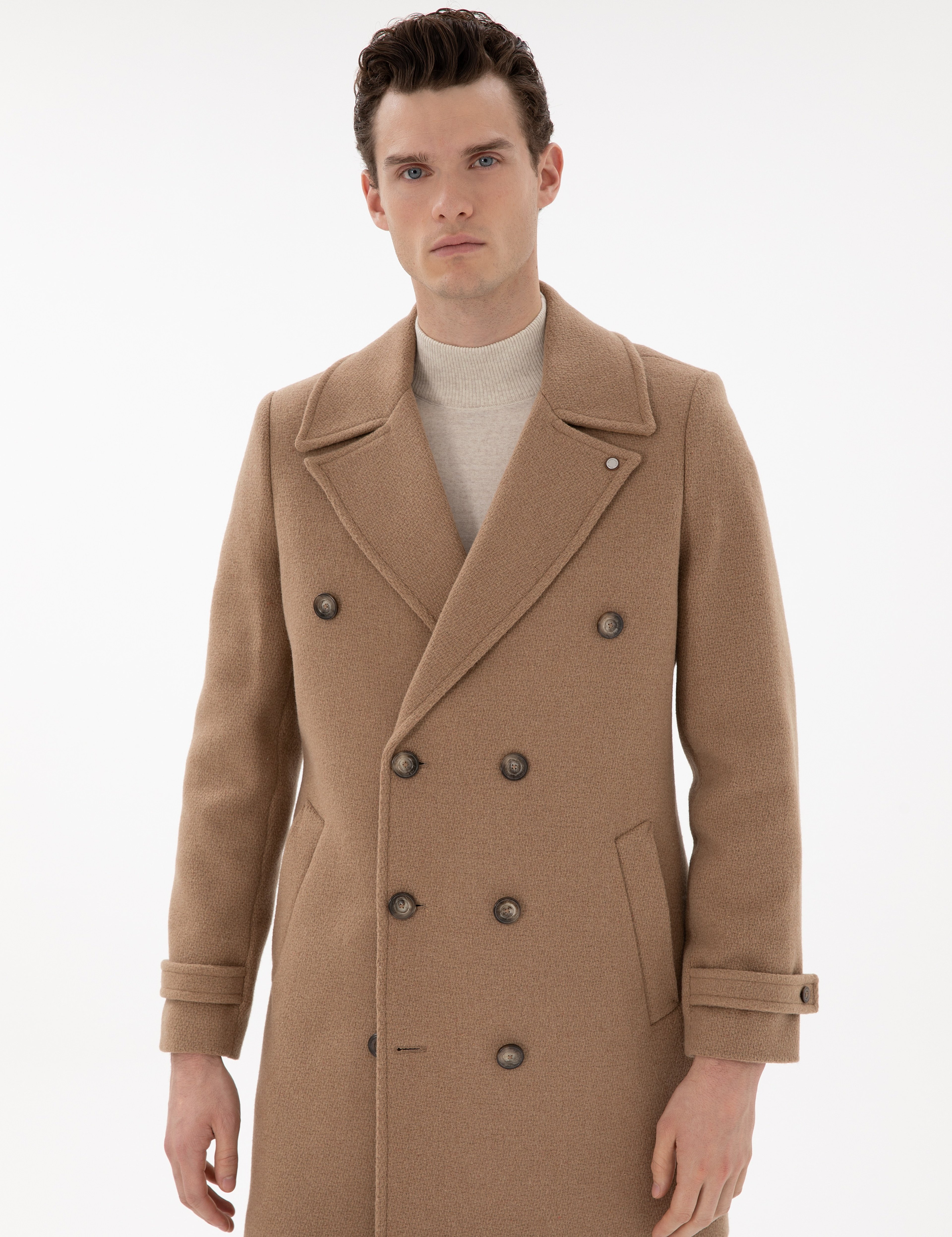 Bej Ex. Slim Fit Yün Karışımlı Kaşe Kaban - Image 3