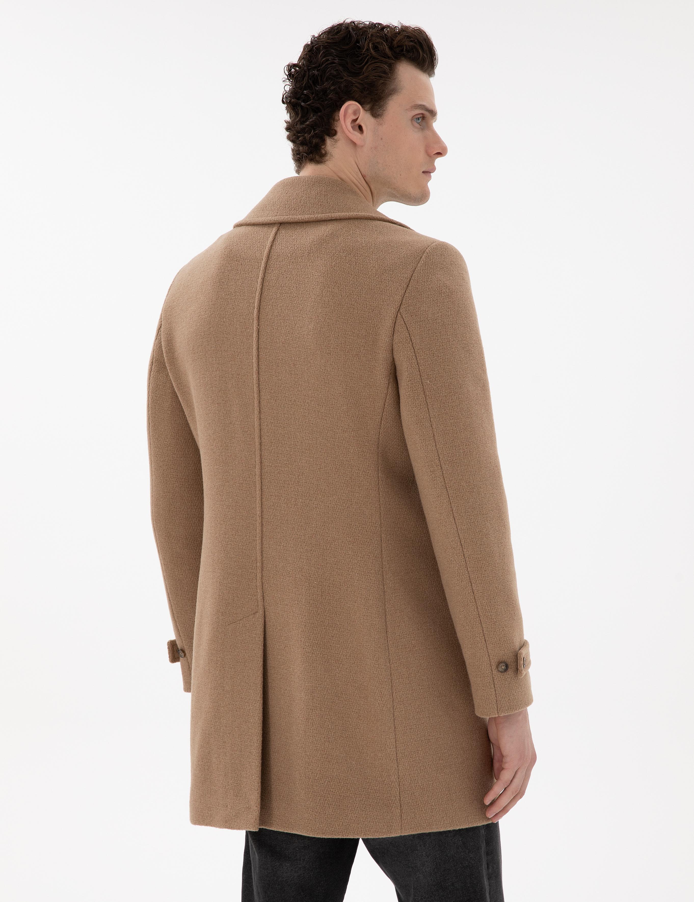 Bej Ex. Slim Fit Yün Karışımlı Kaşe Kaban