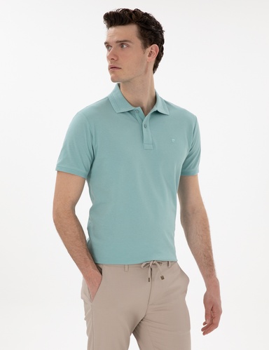 Koyu Mint Slim Fit %100 Pamuk Kıvrılmaz Düğmeli Polo Yaka Basic Tişört