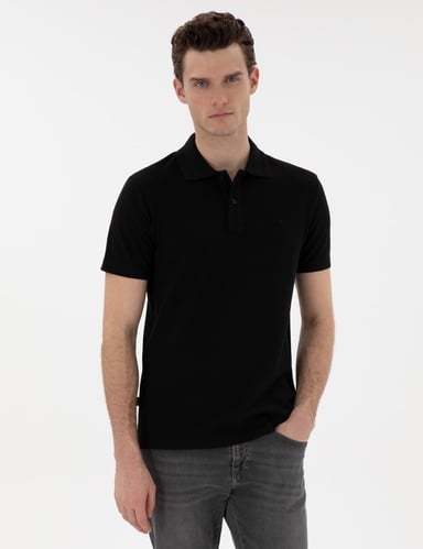 Siyah Slim Fit %100 Pamuk Kıvrılmaz Düğmeli Polo Yaka Basic Tişört