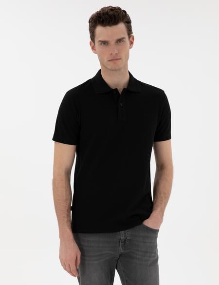 Siyah Slim Fit Kıvrılmaz Polo Yaka Basic Tişört - 50302561044