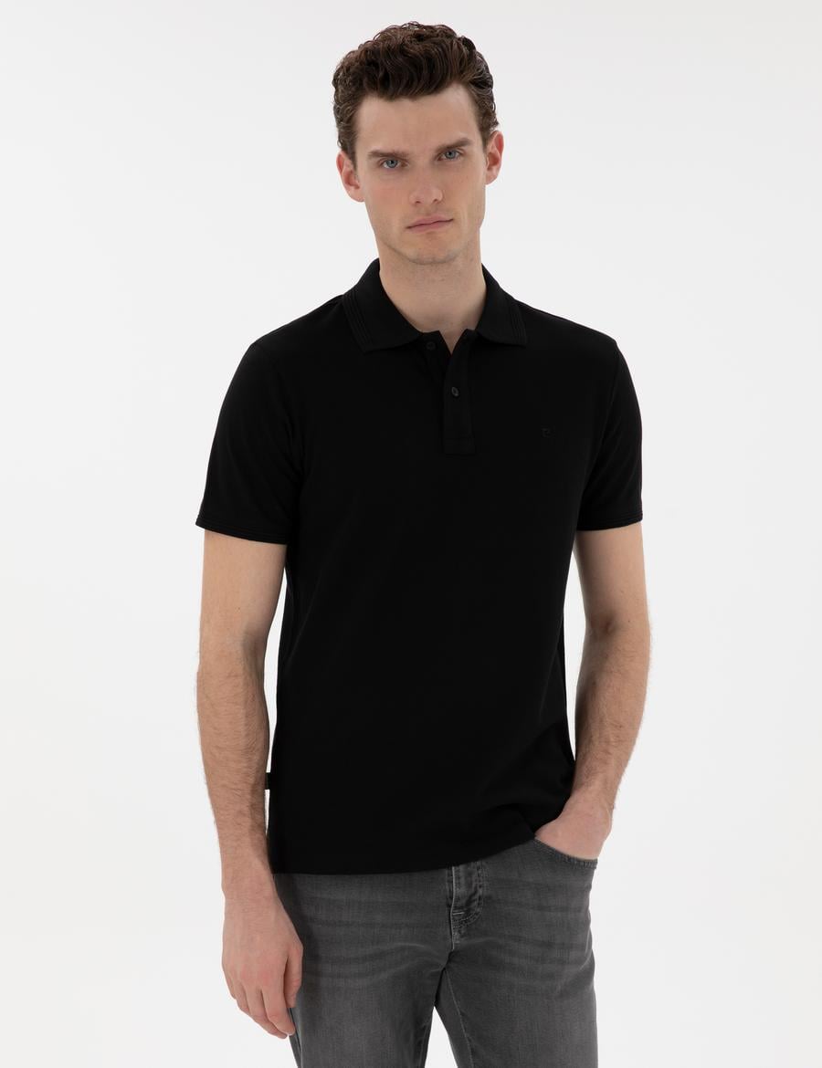 Siyah Slim Fit Kıvrılmaz Polo Yaka Basic Tişört