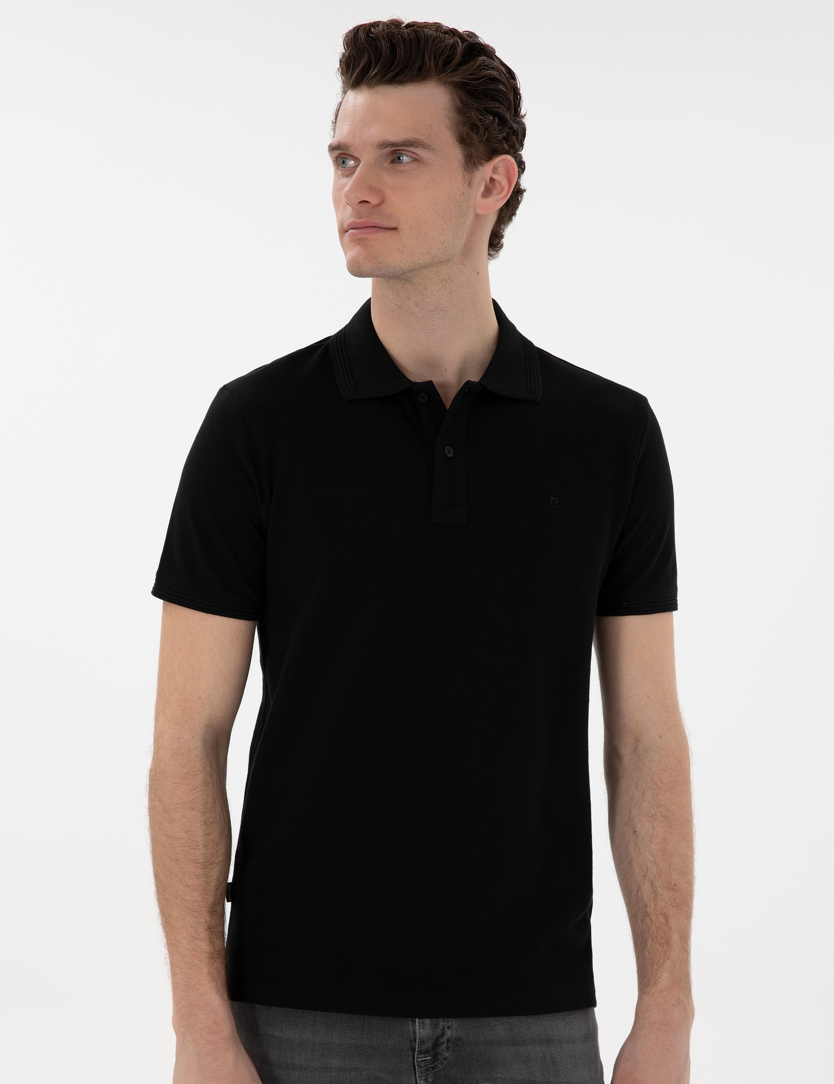 Siyah Slim Fit Kıvrılmaz Polo Yaka Basic Tişört