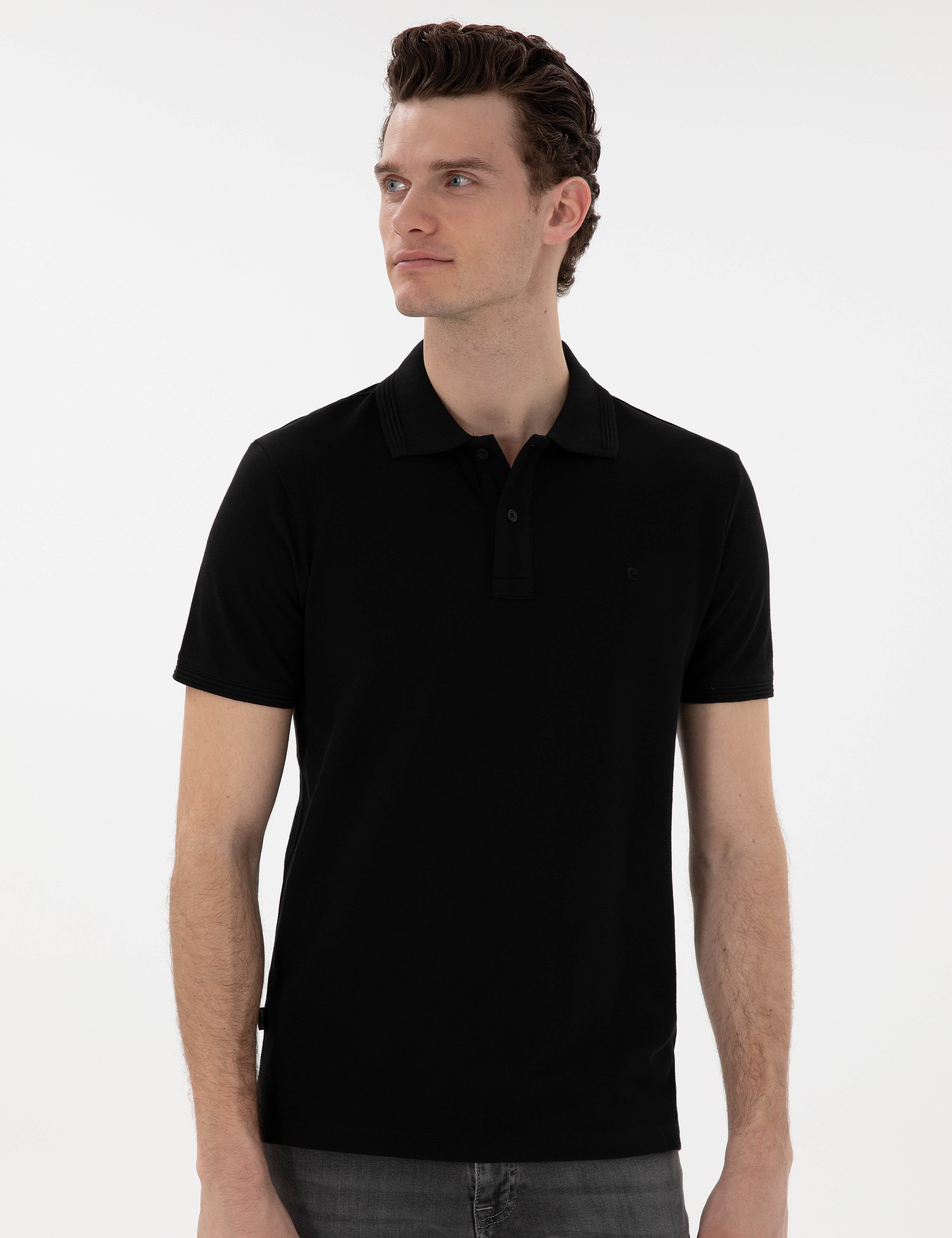 Siyah Slim Fit Kıvrılmaz Polo Yaka Basic Tişört - Image 3