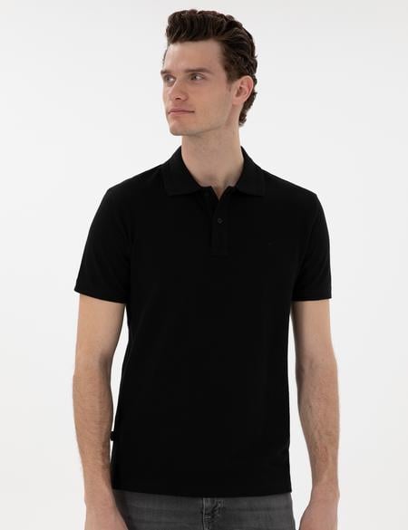 Siyah Slim Fit Kıvrılmaz Polo Yaka Basic Tişört - 50302561044
