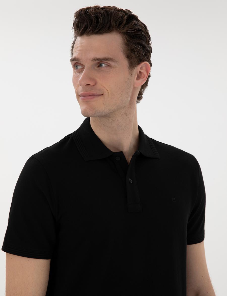 Siyah Slim Fit Kıvrılmaz Polo Yaka Basic Tişört