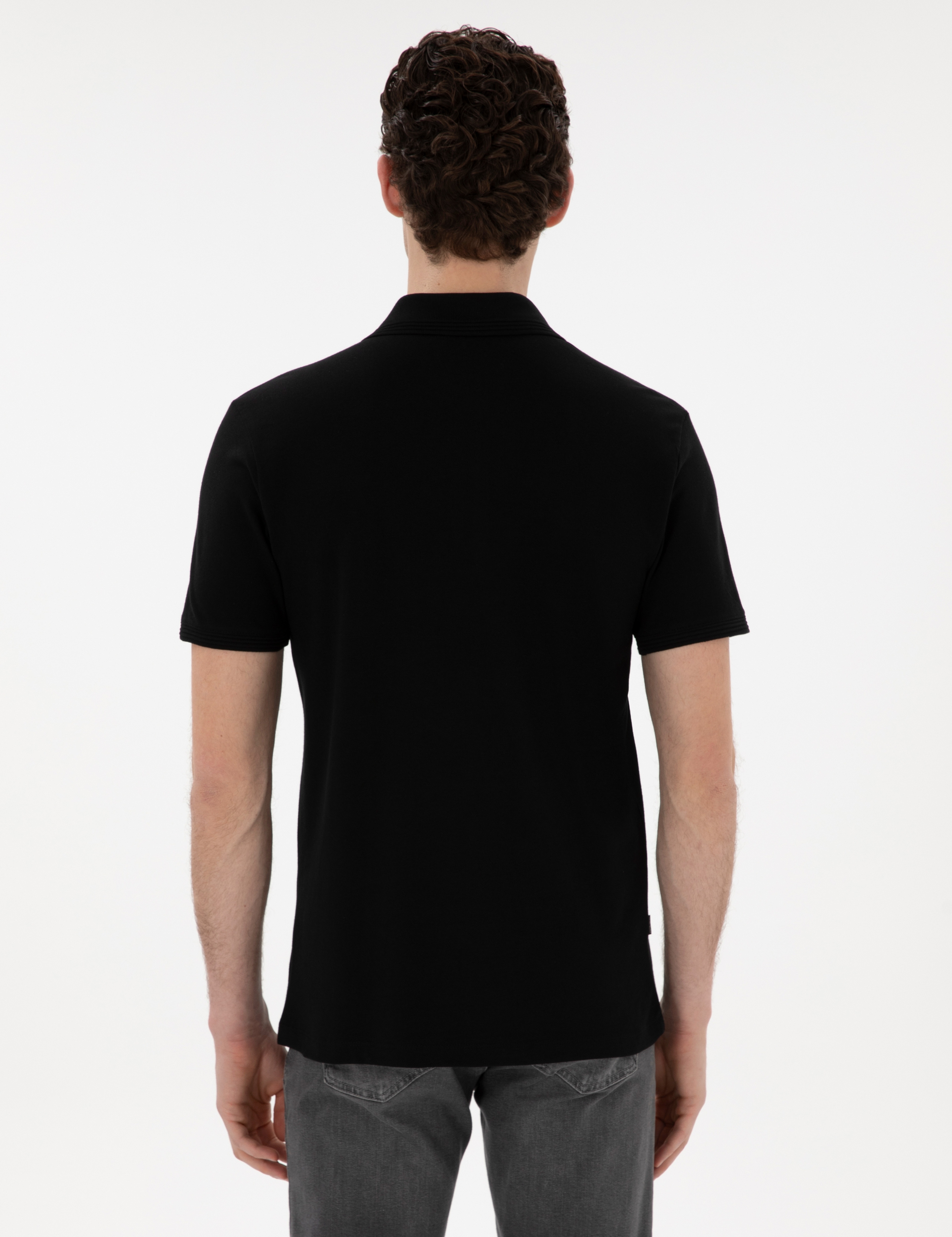 Siyah Slim Fit Kıvrılmaz Polo Yaka Basic Tişört - Image 5