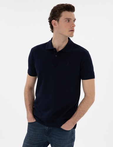 Lacivert Slim Fit %100 Pamuk Kıvrılmaz Düğmeli Polo Yaka Basic Tişört