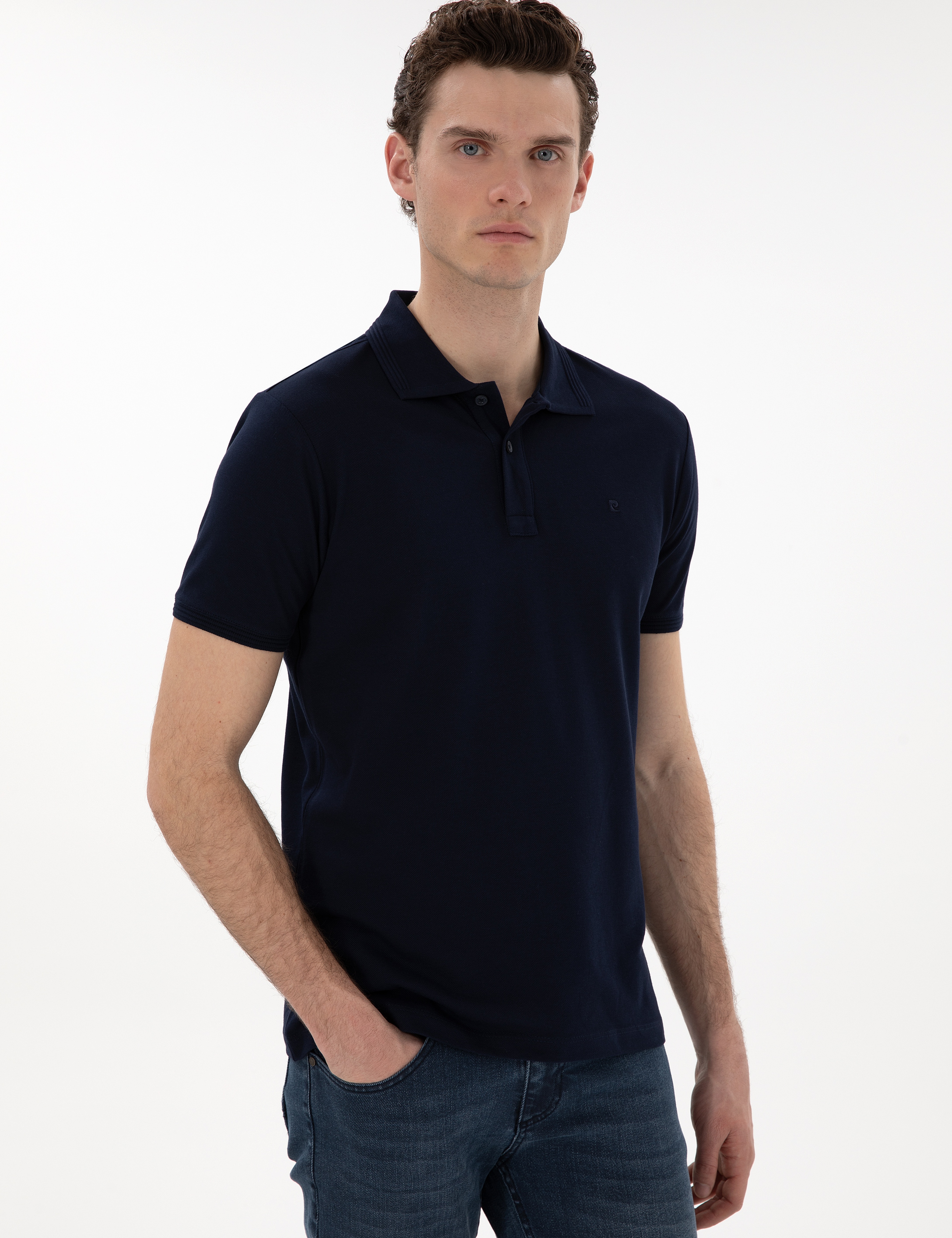 Lacivert Slim Fit Kıvrılmaz Polo Yaka Basic Tişört