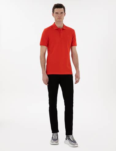 Kırmızı Slim Fit Kıvrılmaz Polo Yaka Basic Tişört