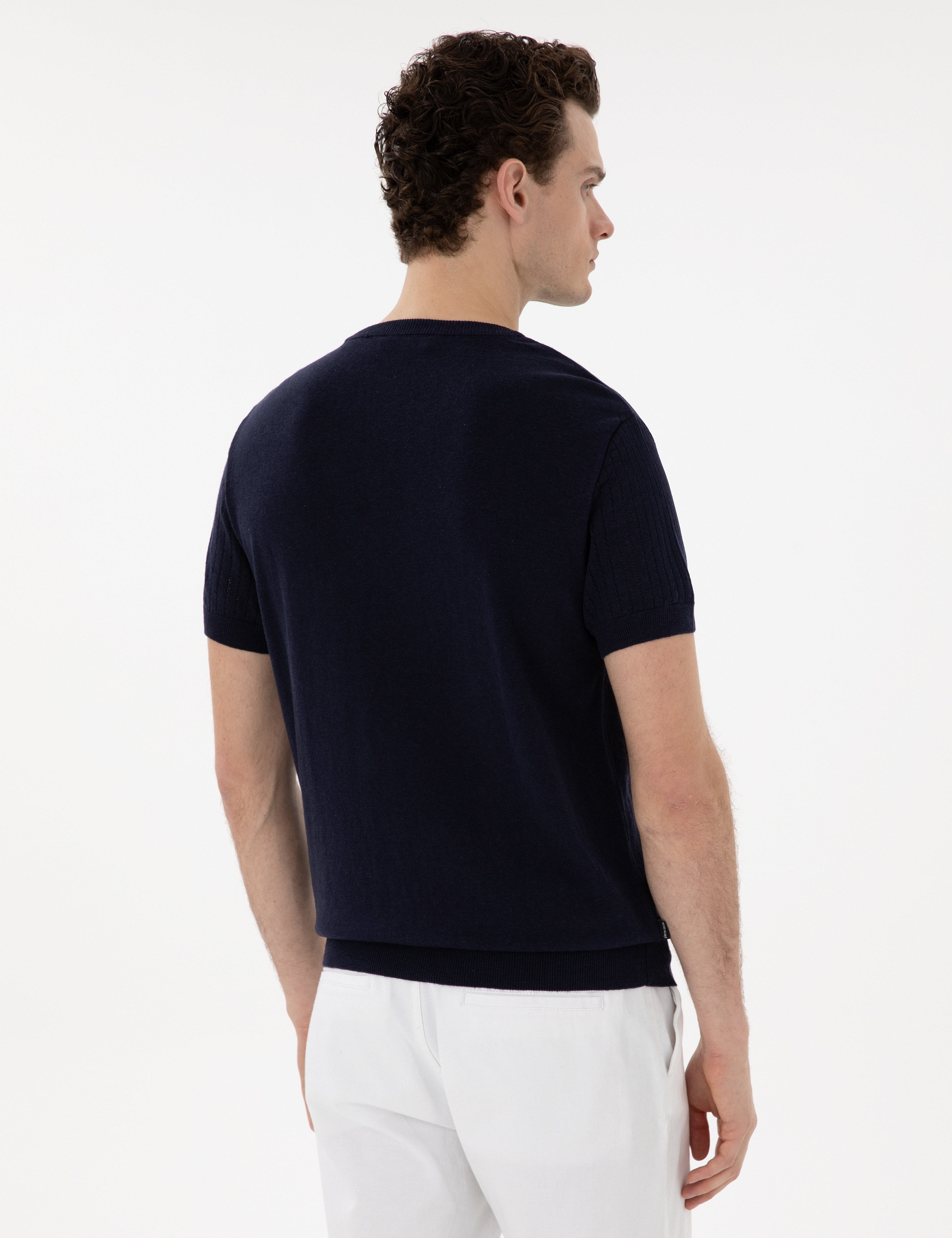 Lacivert Keten Karışımlı Regular Fit Bisiklet Yaka Triko Tişört - Image 5