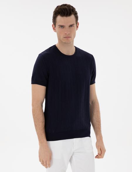 Lacivert Keten Karışımlı Regular Fit Bisiklet Yaka Triko Tişört - 50305992013