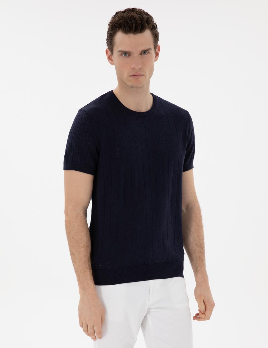 Lacivert Keten Karışımlı Regular Fit Bisiklet Yaka Triko Tişört